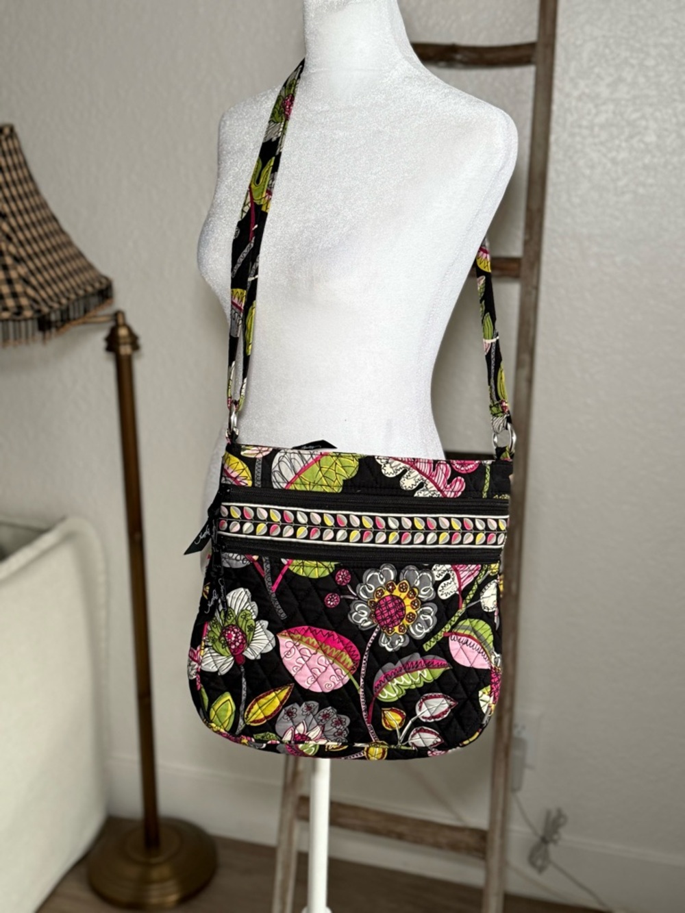 Vera Bradley Black Quilted Crossbody with Pink & Green Floral Print